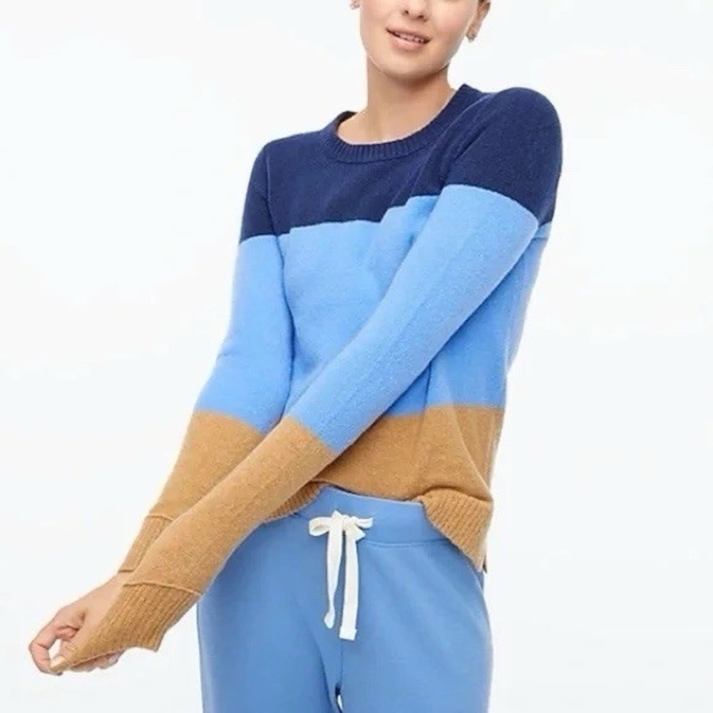 J.Crew Factory Colorblock Crewneck Sweater Navy Blue Tan Extra Soft Yarn L